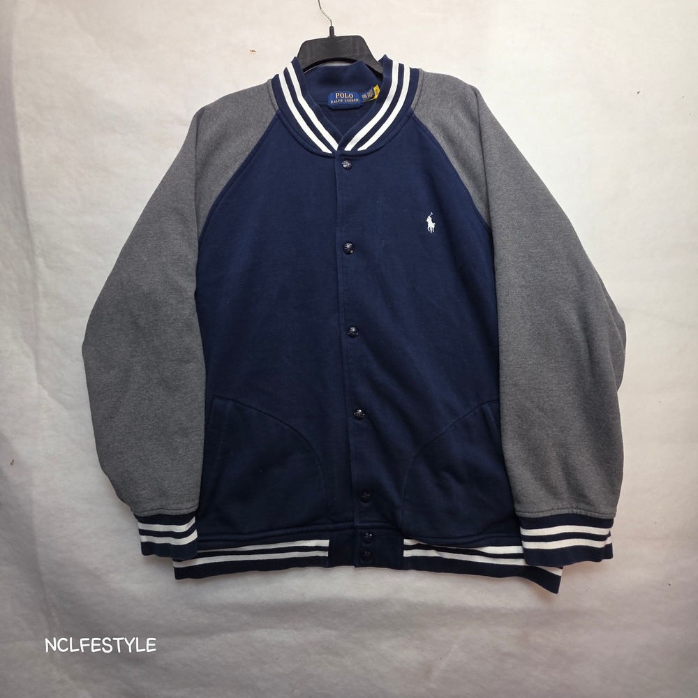 Polo Ralph Lauren Mens XXL Navy Gray Varsity Snap Front Sweatshirt Jacket Y2K